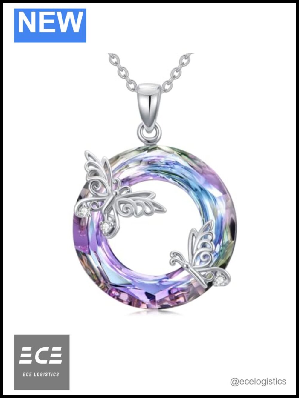 S925 Sterling Silver Butterfly Crystal Pendant Necklace 20in Adjustable